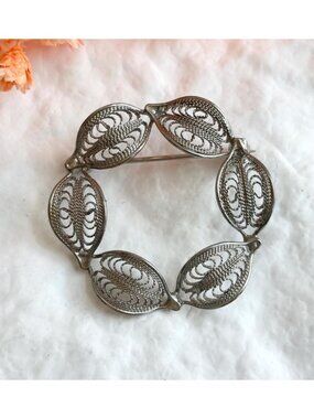 Silver Toned Floral Large Filigree Wreath Shaped Vintage Inspired Brooch